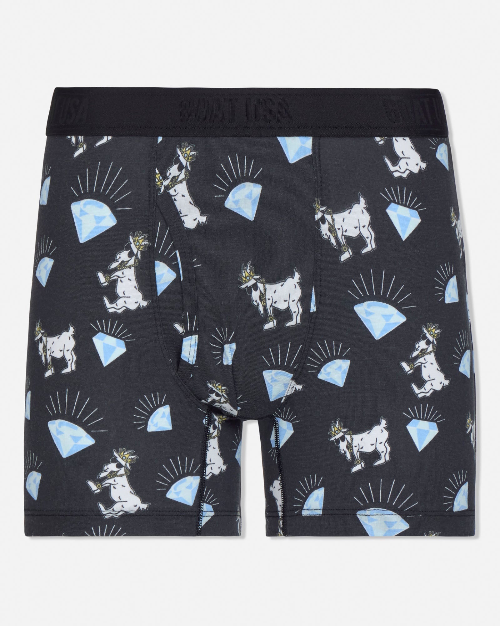 Black boxer briefs with white goat and blue diamond pattern on a white background