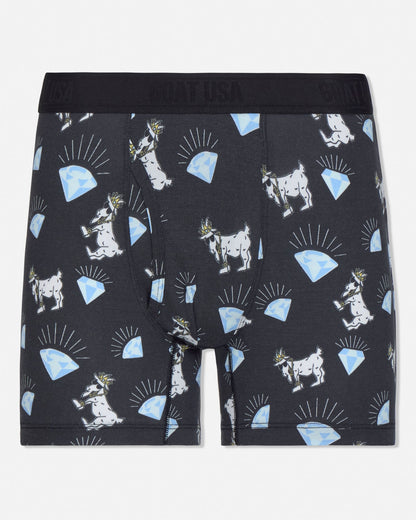 Black boxer briefs with white goat and blue diamond pattern on a white background
