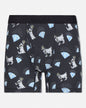 Black boxer briefs with white goat and blue diamond pattern on a white background