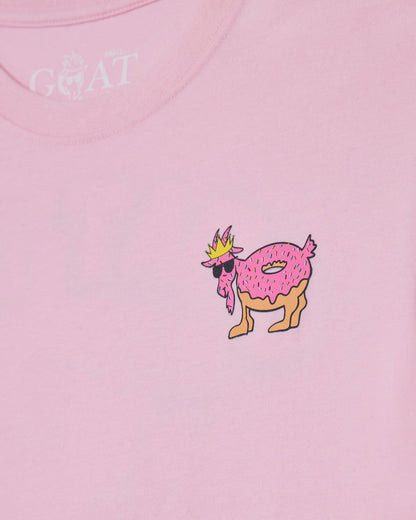 Pink t-shirt with a cartoon goat wearing a crown and sunglasses, and the brand 'GOAT USA' on a pink background.