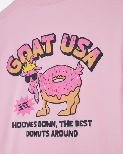 Pink t-shirt with a cartoon donut and text on a pink background
