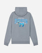 Gray hoodie with a graphic design on the back against a light gray background#color_gray