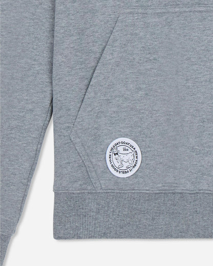 Gray hoodie with a circular logo on a light gray background#color_gray