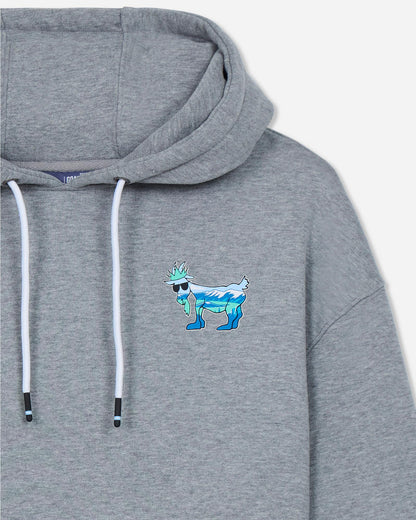 Gray hoodie with a colorful graphic on the chest against a light gray background#color_gray