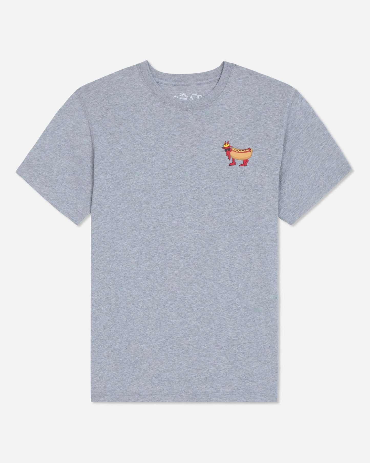 Gray t-shirt with a small colorful hot dog goat graphic on a white background