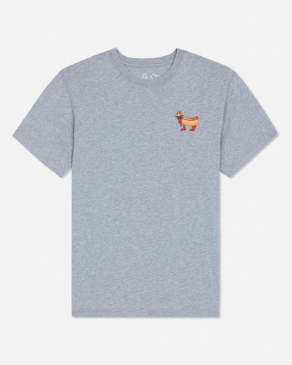 Gray t-shirt with a small colorful hot dog goat graphic on a white background