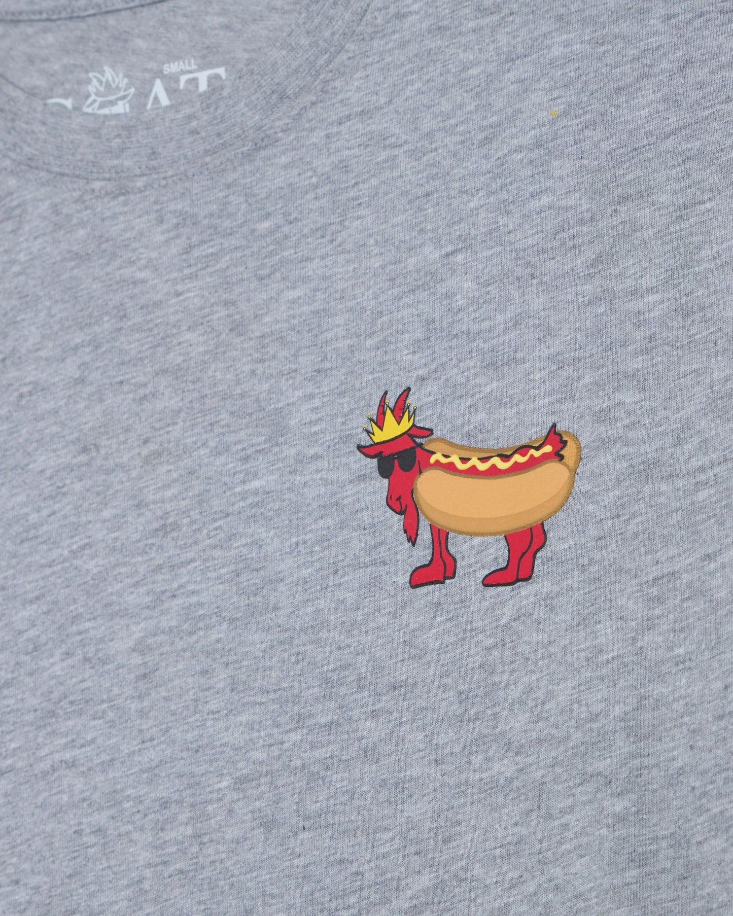 Gray t-shirt with a hot dog wearing a crown graphic on a plain background