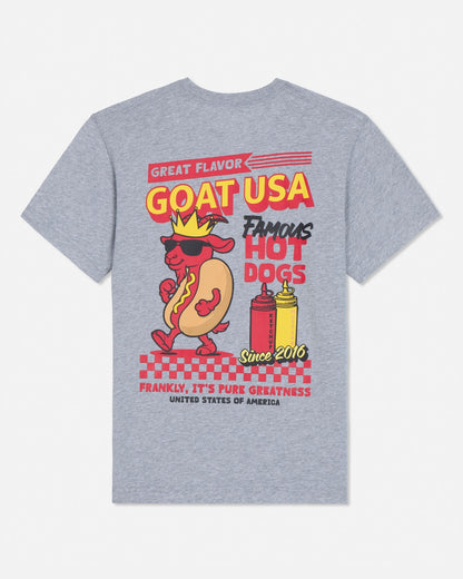 Gray t-shirt with a colorful graphic of a hot dog and text on the back, on a white background.