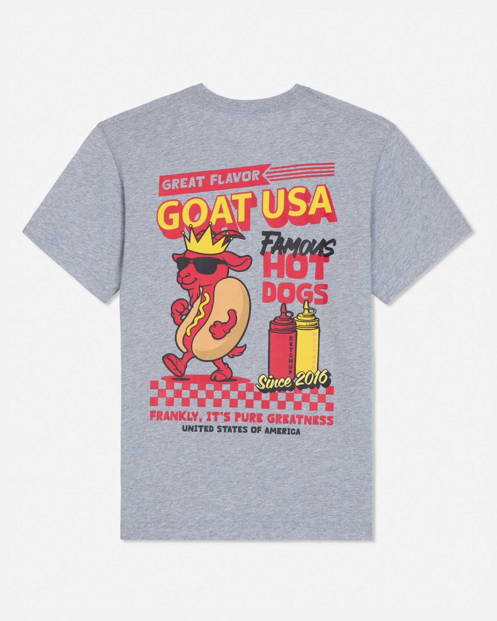 Gray t-shirt with a colorful graphic of a hot dog and text on the back, on a white background.