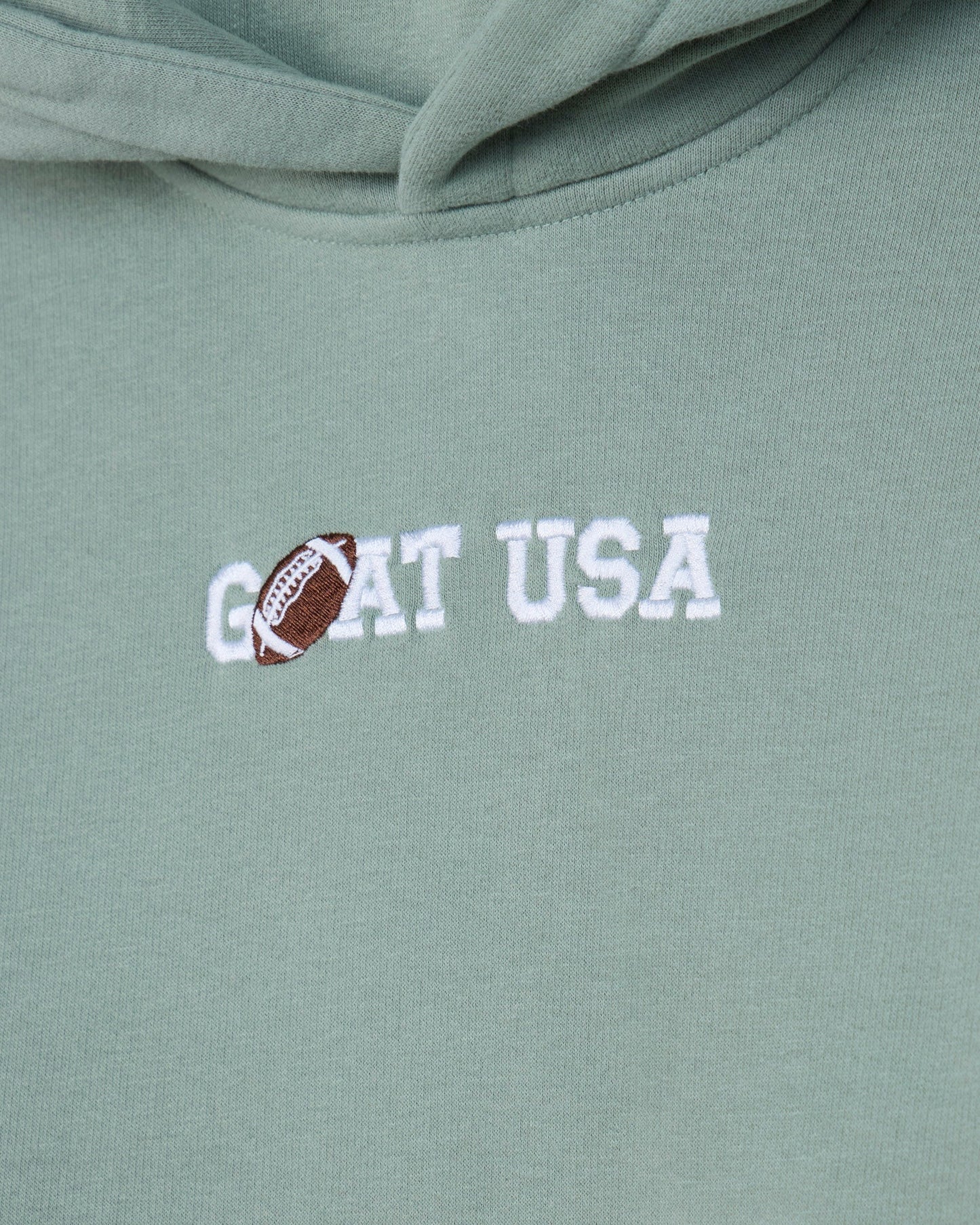 Close-up of a sage green hoodie featuring a white 'GOAT USA' graphic on the chest, with a brown and white football replacing the letter 'O'.