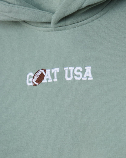 Close-up of a sage green hoodie featuring a white 'GOAT USA' graphic on the chest, with a brown and white football replacing the letter 'O'.