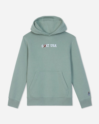 Green hoodie with 'GOAT USA' text on a white background