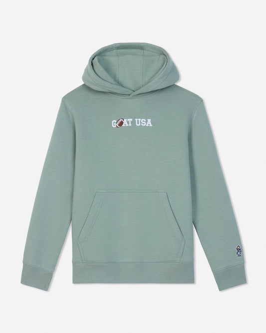 Green hoodie with 'GOAT USA' text on a white background