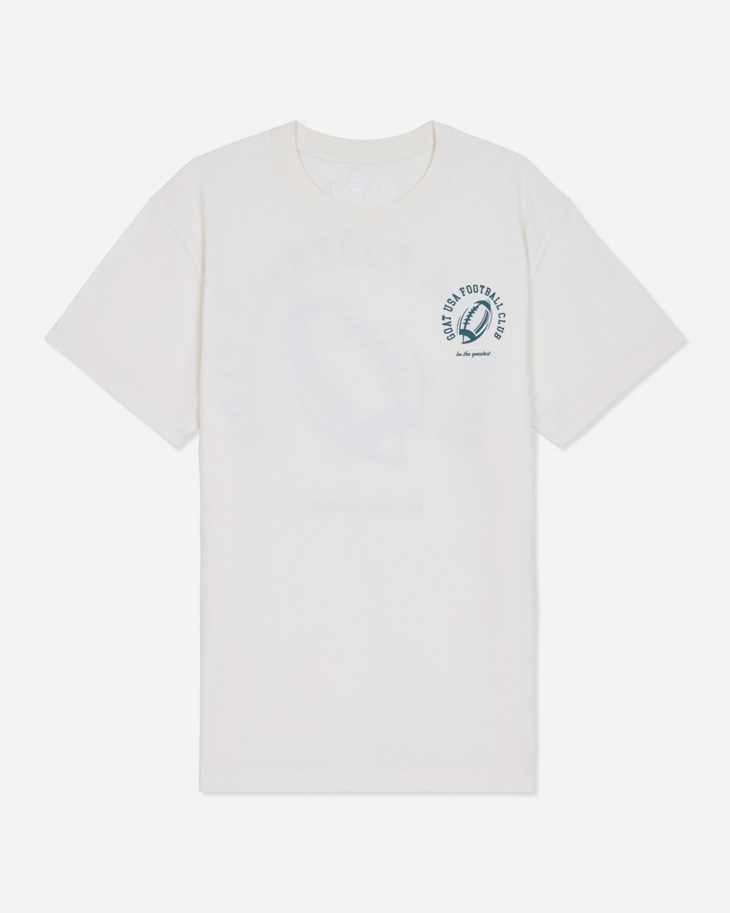 A white short-sleeve t-shirt with a small dark green circular graphic on the left chest featuring an football and the text 'GOAT USA FOOTBALL CLUB'.