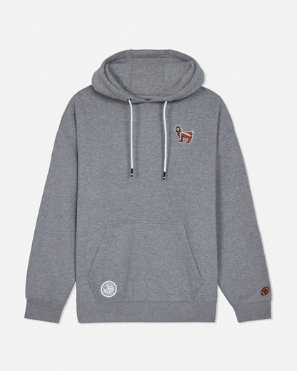 Front of gray hoodie with football goat left-chest logo
