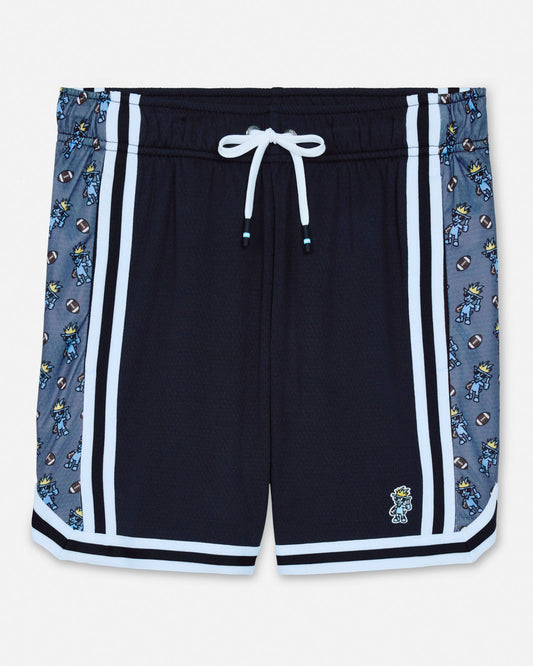 Black shorts with gray patterned sides and white drawstring on a white background