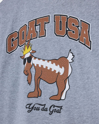 Gray t-shirt with 'GOAT USA' and a cartoon goat design on a plain background