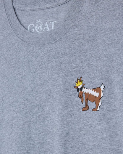 Gray t-shirt with a cartoon goat design and 'GOAT' text on a gray background
