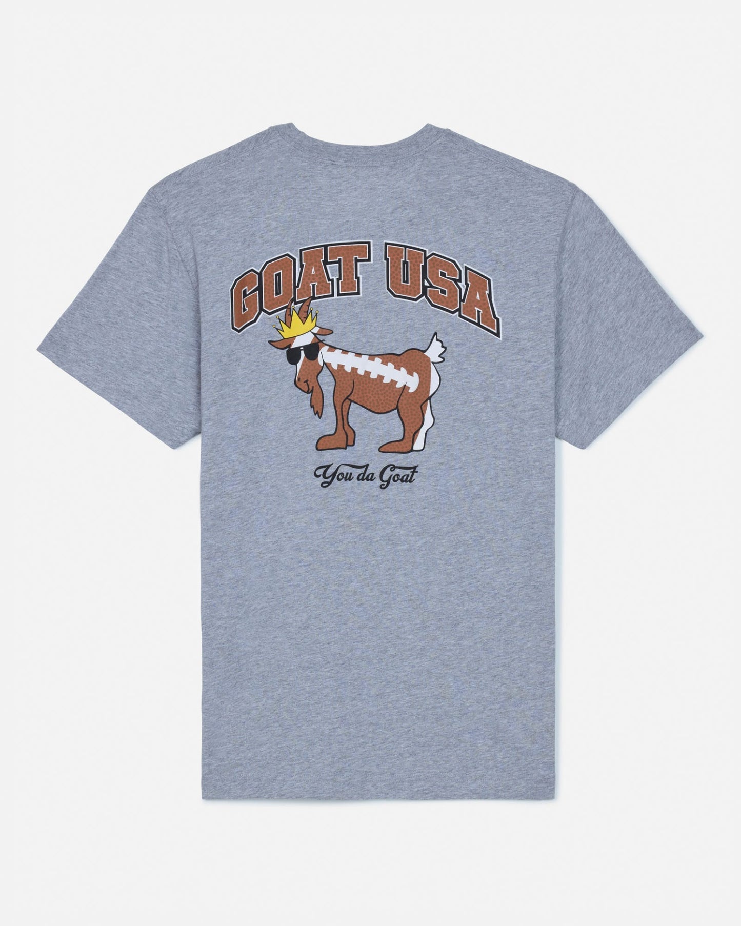 Gray t-shirt with 'GOAT USA' and goat graphic on a white background