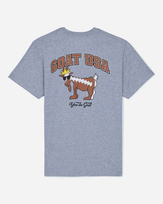 Gray t-shirt with 'GOAT USA' and goat graphic on a white background
