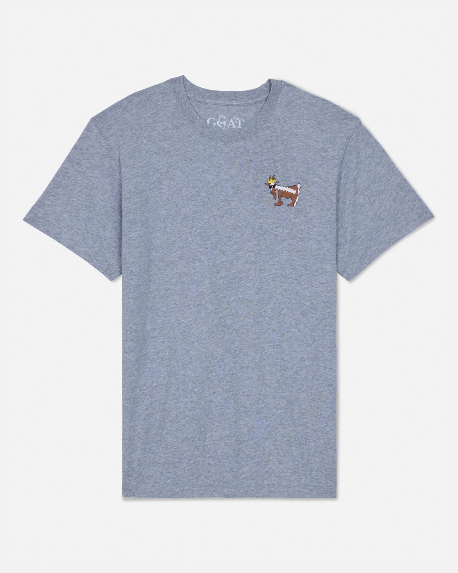 Gray t-shirt with a small logo on a white background