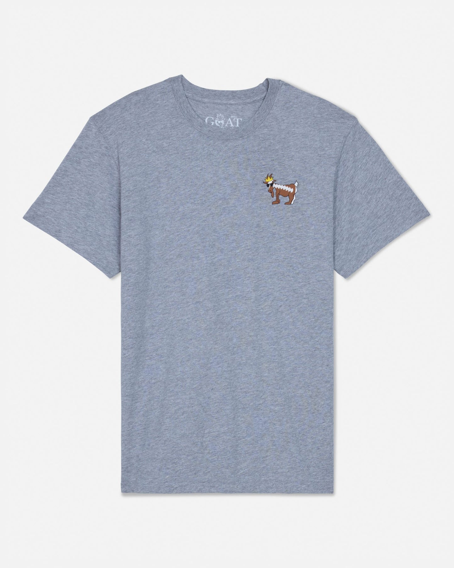 Gray t-shirt with a small logo on a white background