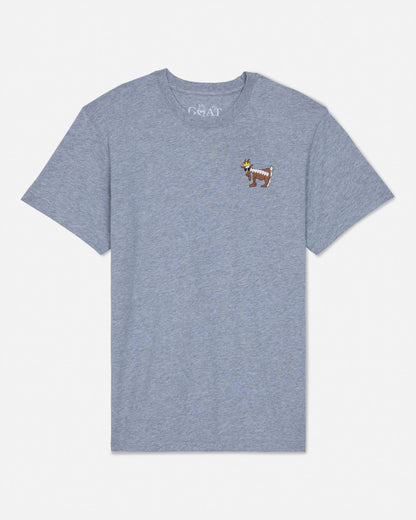 Gray t-shirt with a small logo on a white background