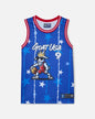 Blue jersey with a cartoon goat holding a basketball and 'GOAT USA' text on a white background