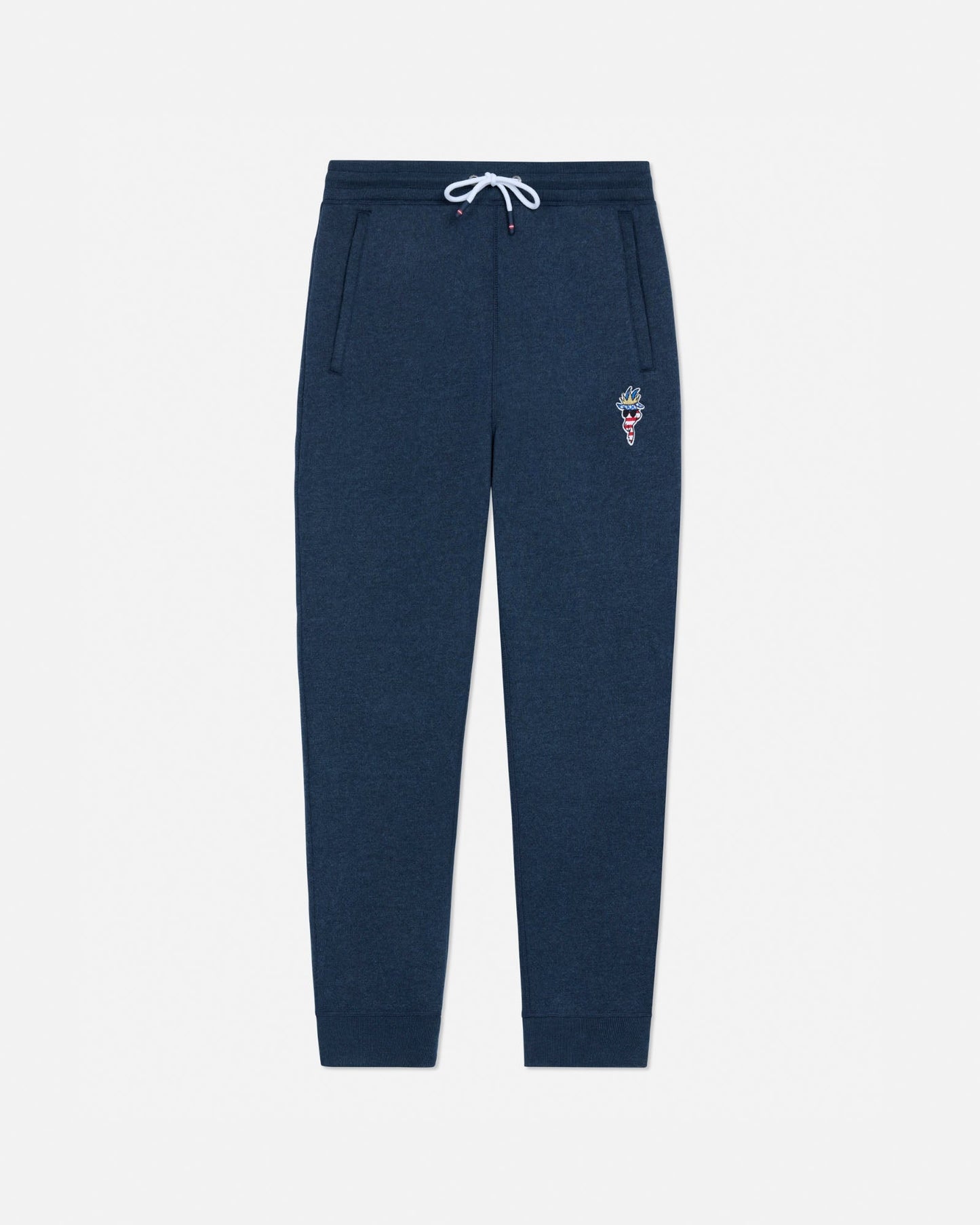 Navy blue sweatpants with a small embroidered design on a white background
