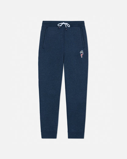 Navy blue sweatpants with a small embroidered design on a white background