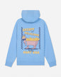 A light blue hoodie shown from the back, featuring a graphic print of a goat wearing sunglasses and a crown, holding a basket of french fries. The text reads 'CRISPY and DELICIOUS' and 'Fry Guy GOAT USA'.