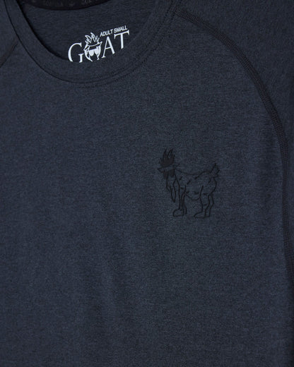 Black t-shirt with a logo on the chest and 'GOAT' branding above it#color_black