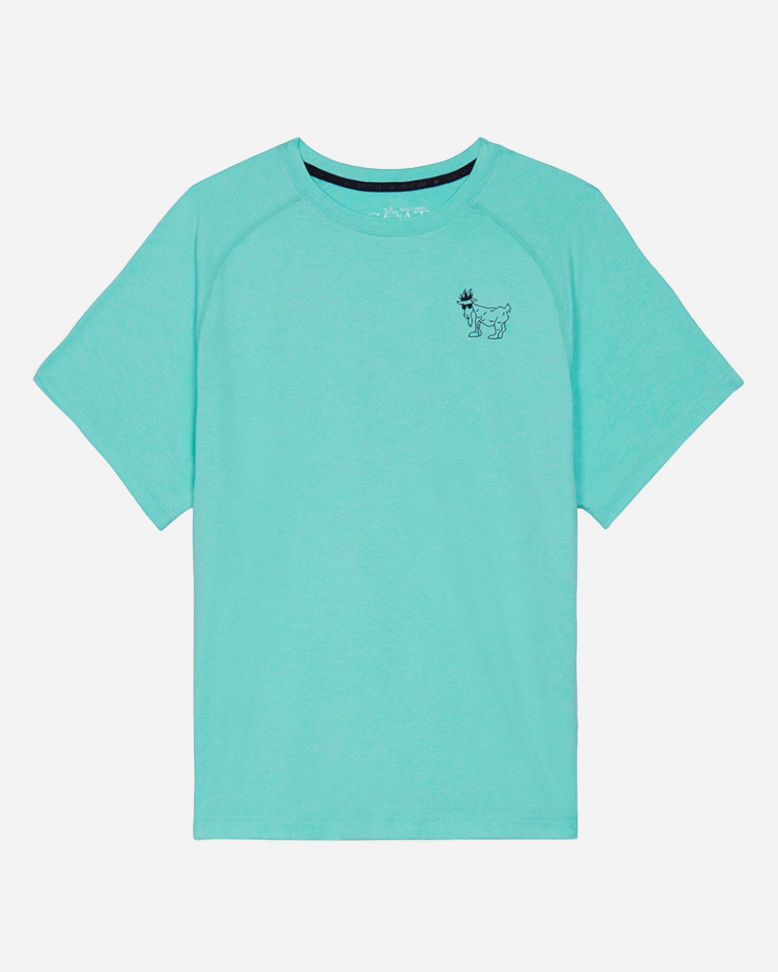 Turquoise t-shirt with a small graphic on a white background#color_teal-blue