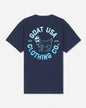 A navy blue short-sleeve t-shirt shown from the back, featuring a large light blue graphic print with a goat illustration and the text 'GOAT USA CLOTHING CO.' and 'EST.#color_navy-blazer