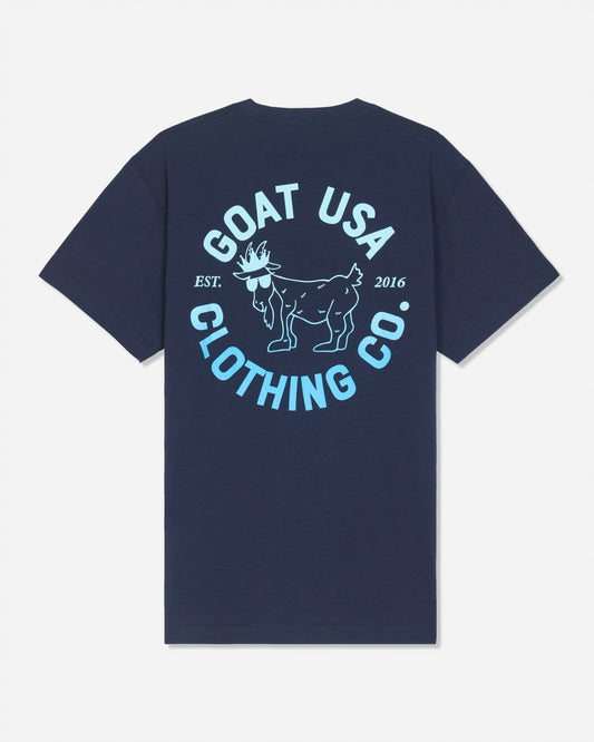 A navy blue short-sleeve t-shirt shown from the back, featuring a large light blue graphic print with a goat illustration and the text 'GOAT USA CLOTHING CO.' and 'EST.#color_navy-blazer