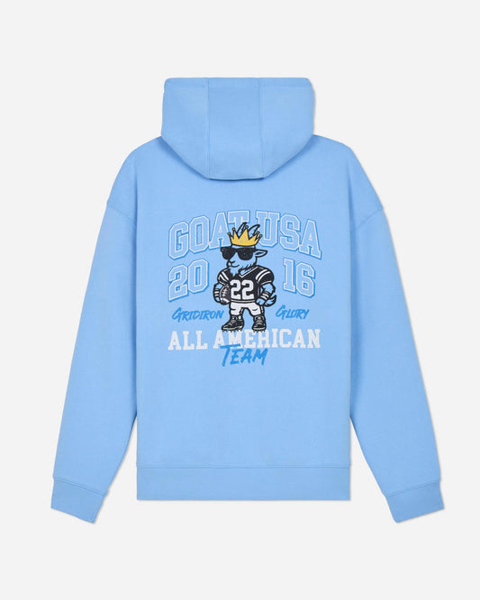 Light blue hoodie with graphic design on the back against a light gray background