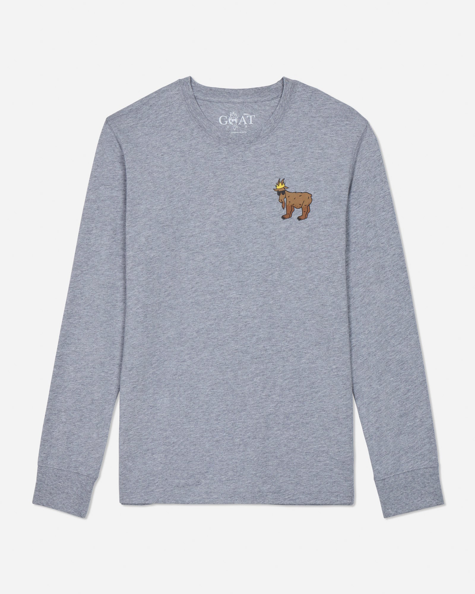 Gray long-sleeve shirt with a small embroidered design on a light gray background