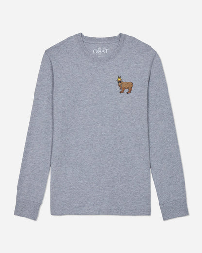 Gray long-sleeve shirt with a small embroidered design on a light gray background