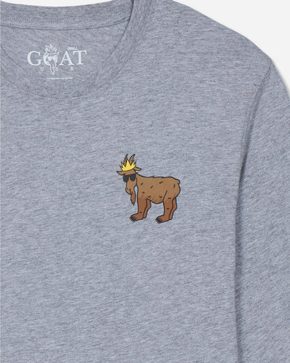 Gray t-shirt with a cartoon bear goat wearing a crown on the chest.