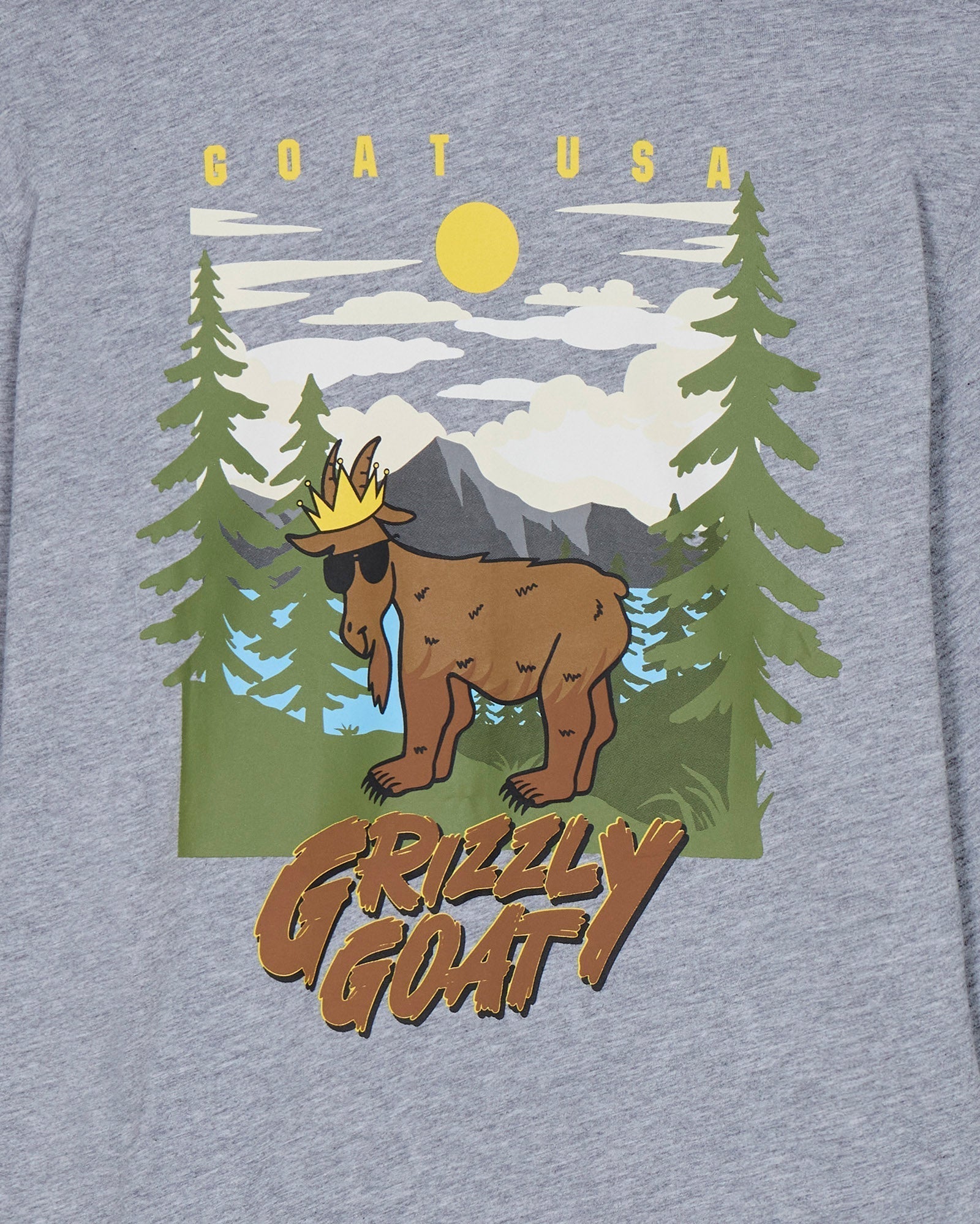 Gray t-shirt with a graphic of a grizzly goat in a forest scene and 'GOAT USA' text.