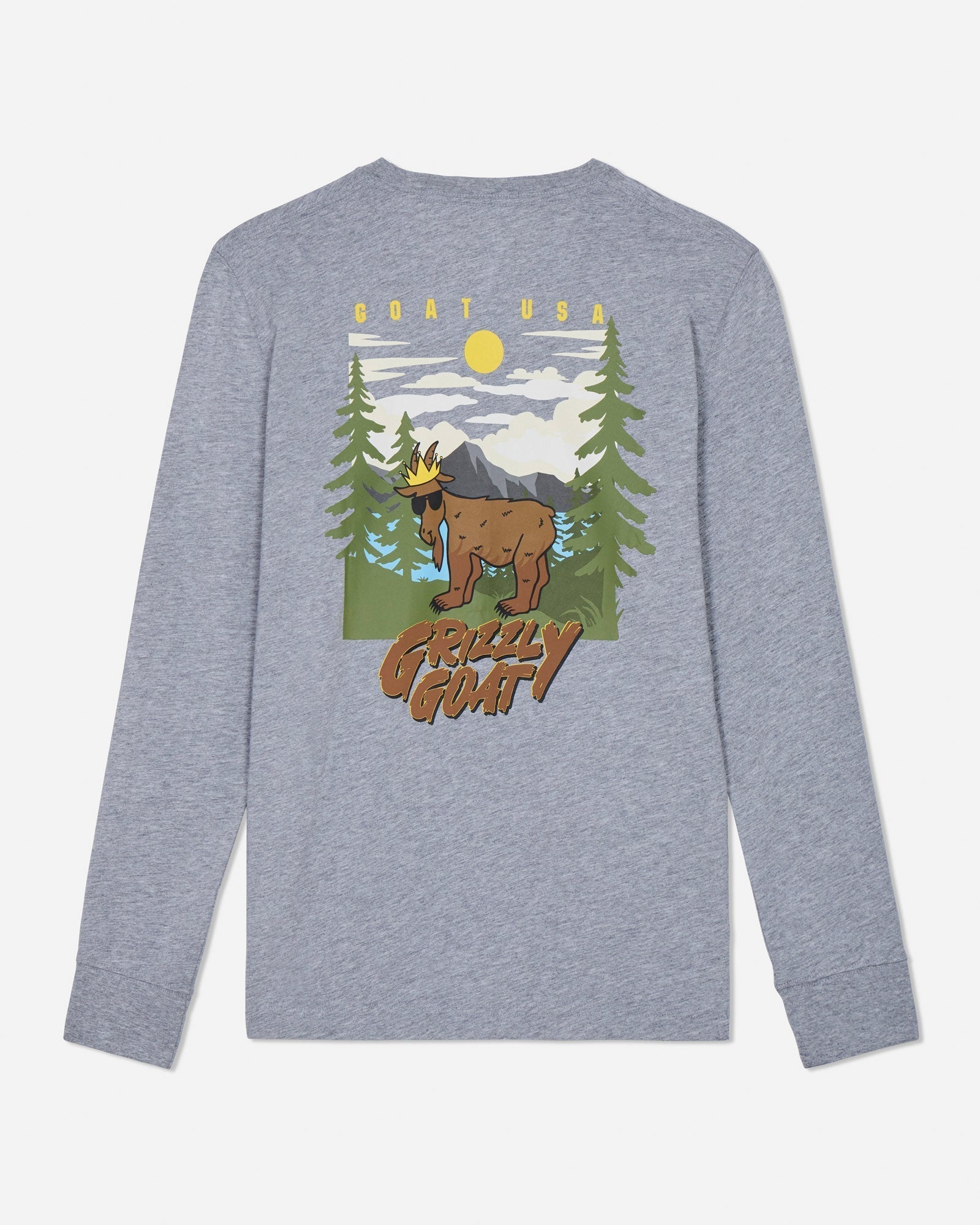 Gray long-sleeve shirt with a graphic of a bear and trees on the back, on a light gray background.