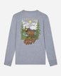 Gray long-sleeve shirt with a graphic of a bear and trees on the back, on a light gray background.