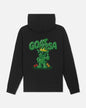 A black pullover hoodie shown from the back, featuring a large green graphic of a cartoon character wearing a gold crown and the word 'GOAT USA' in bold green letters above it.