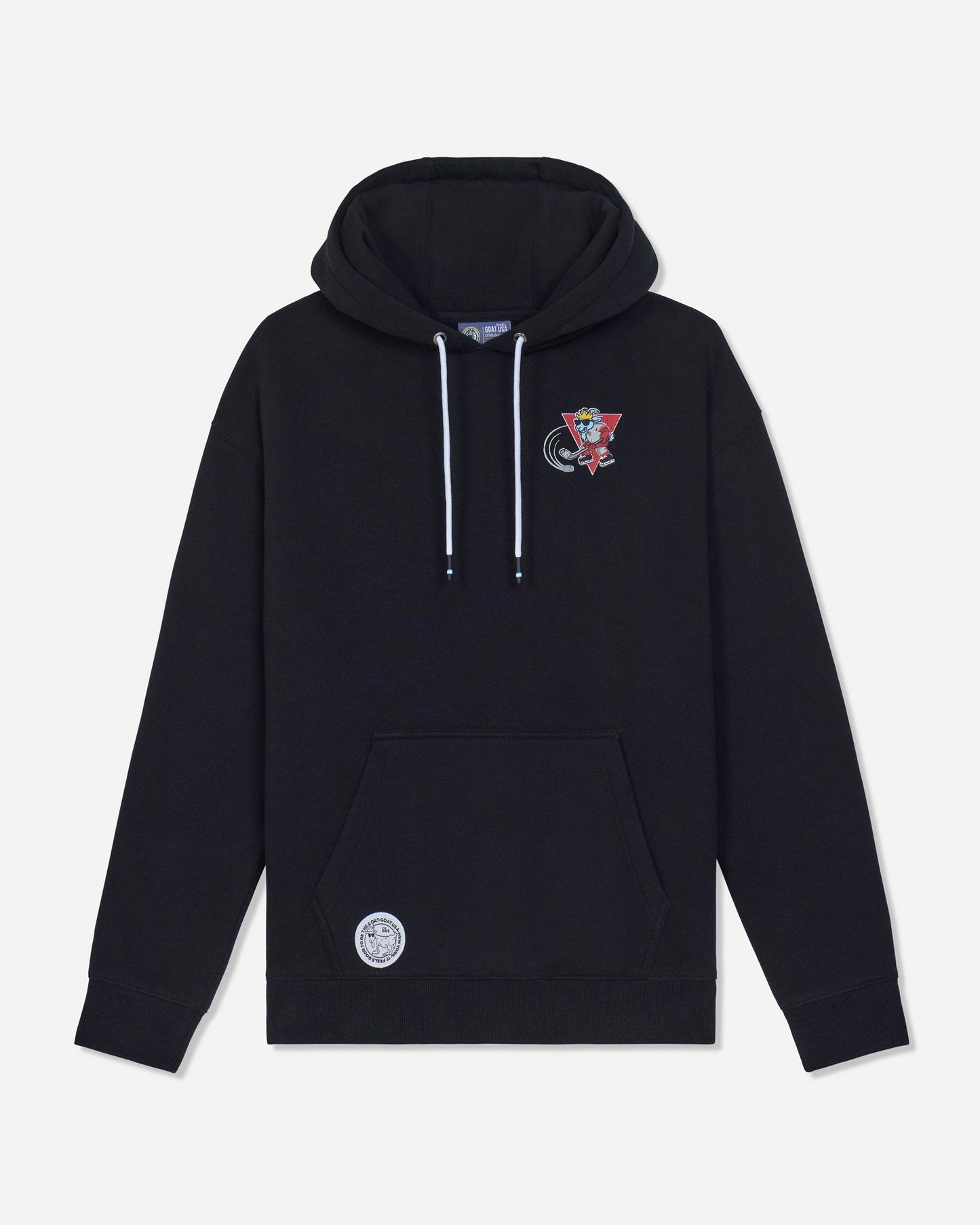 A black pullover hoodie with white drawstrings, featuring a small red and black graphic on the left chest and a circular white patch on the front pocket, displayed against a light gray background.