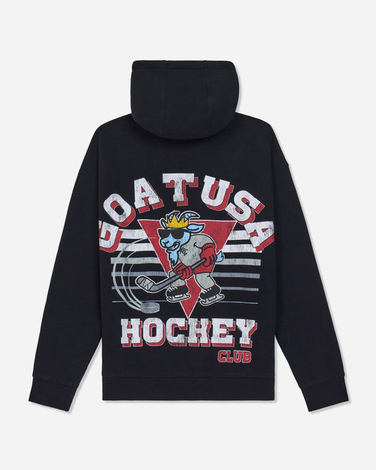 Black pullover hoodie shown from the back, featuring a large graphic print with the text 'GOAT USA HOCKEY CLUB' and a cartoon blue-gray goat mascot inside a red triangle.
