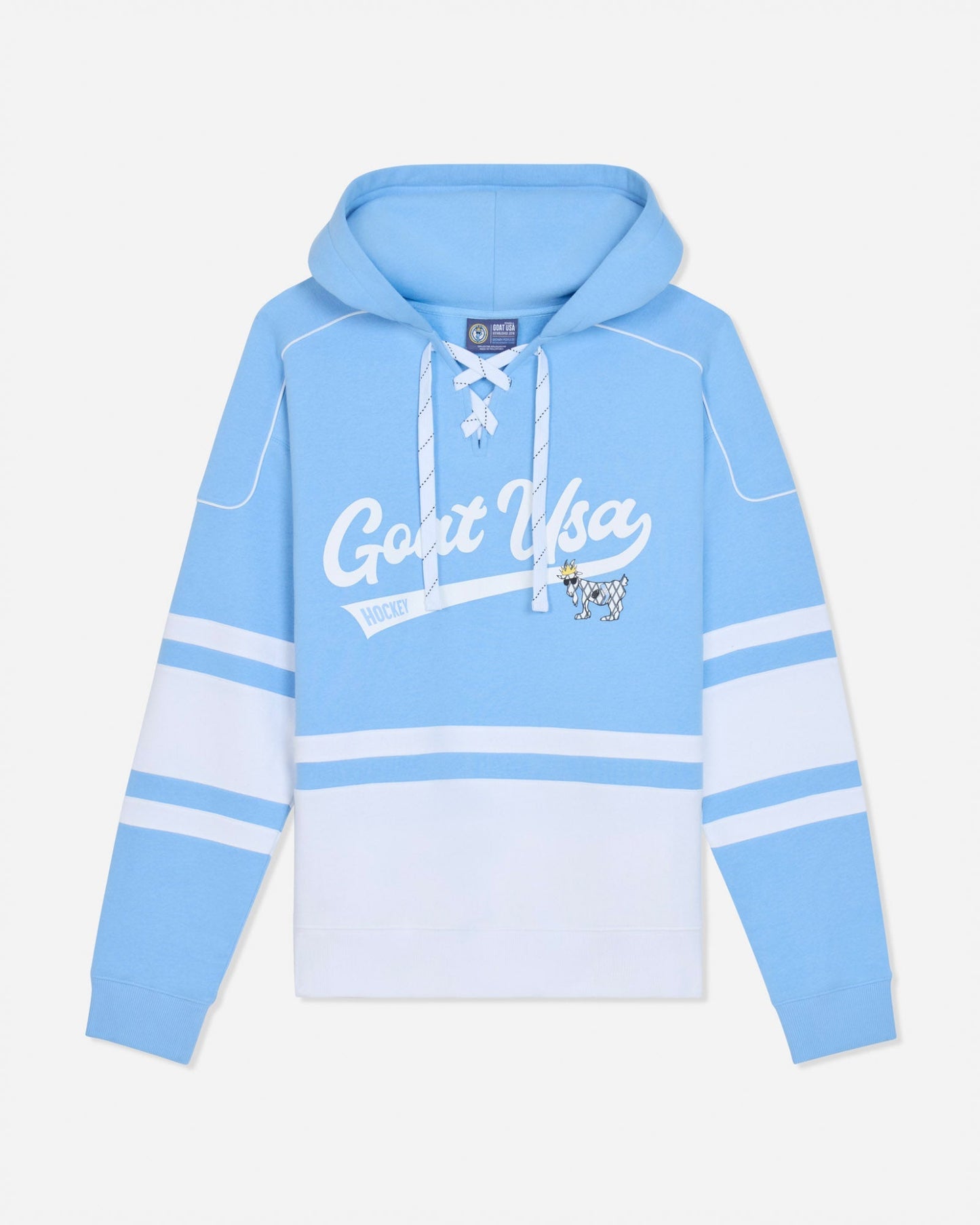 A light blue and white long-sleeve hoodie with 'Goat USA' printed in white script across the chest, featuring white drawstrings and horizontal white stripes on the sleeves.