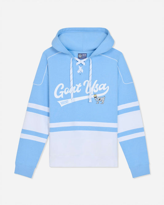 A light blue and white long-sleeve hoodie with 'Goat USA' printed in white script across the chest, featuring white drawstrings and horizontal white stripes on the sleeves.