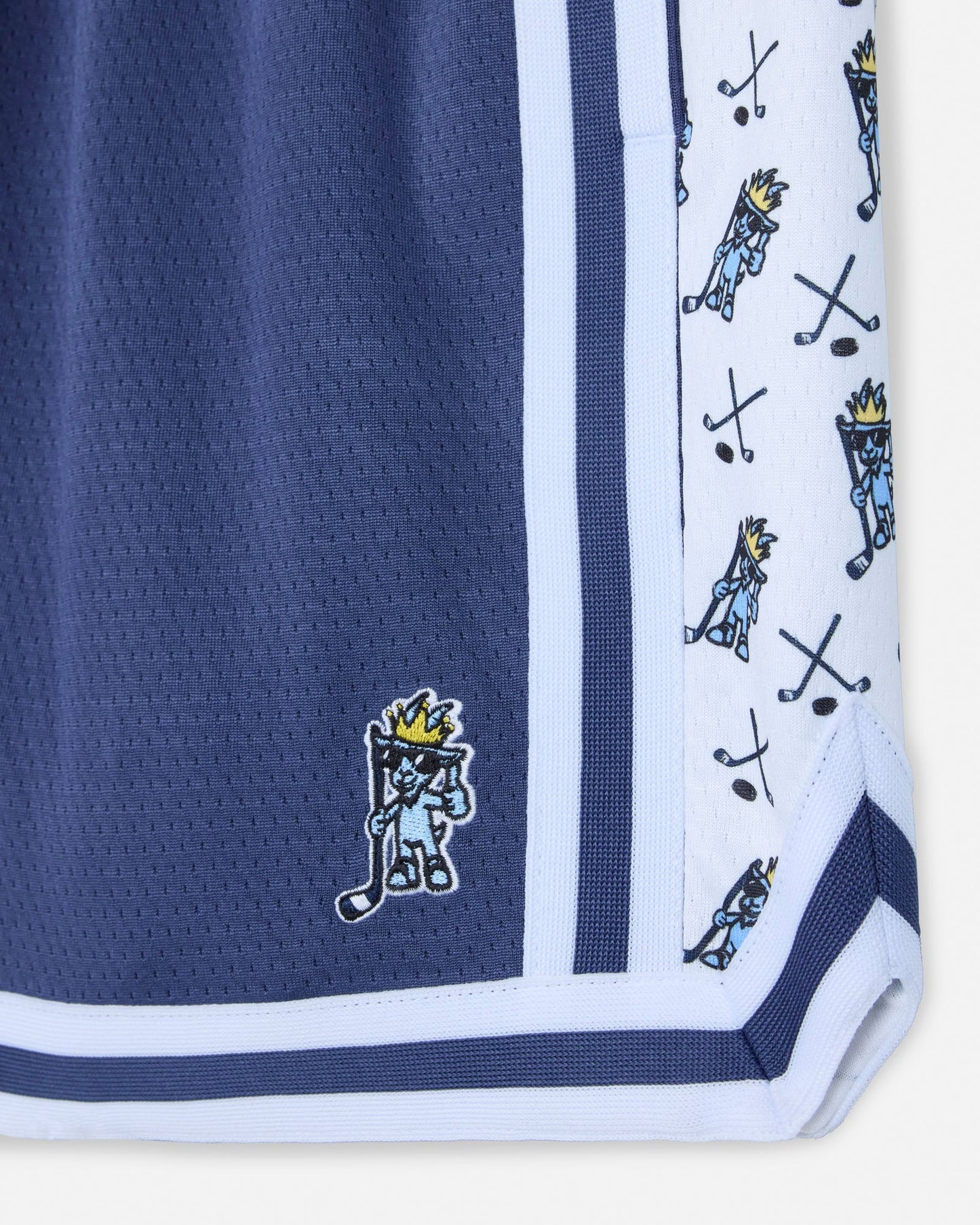 Navy blue mesh shorts with logo and pattern.