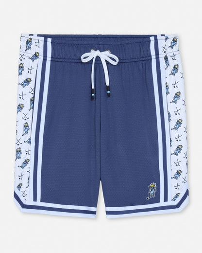 Front of navy mesh shorts with hockey goat design
