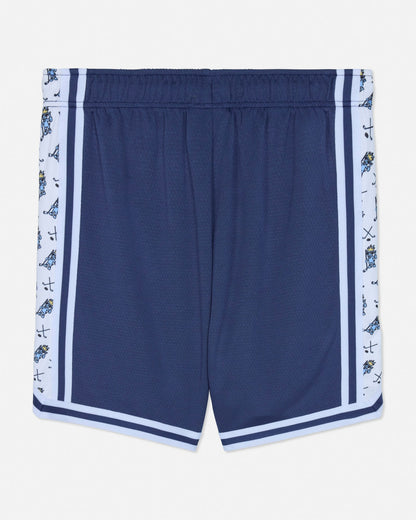 Navy blue shorts with white and blue patterned trim on a white background